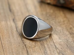 Men’s Smooth Signet Ring – Stainless Steel Silver & Black, Highly Polished