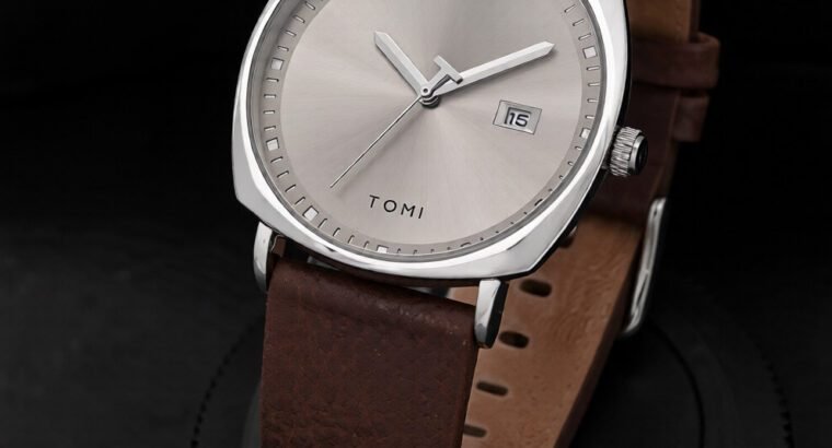Tomi Men’s Quartz Watch – Brown Leather Strap, Stainless Steel Case, Water Resistant
