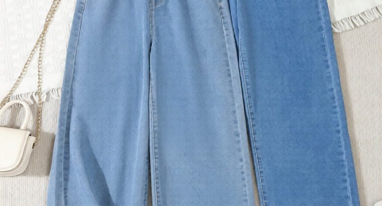 Girls’ Casual Wide-Leg Straight Jeans – Blue Denim for Age 12