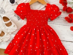 Baby Girls’ Square Neck Casual Dress – Puff Sleeve Outfit for Ages 3–5 Years