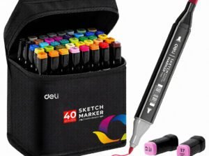 Deli 40 Sketch Markers Set – Dual Tip Alcohol Markers with Carry Case for Drawing & Coloring